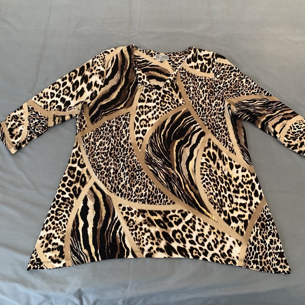JM Collection Blouse Womens XL Brown Animal Print 3/4 Sleeve Tunic Top Stretch